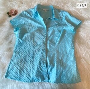 Dressbarn Blue Textured Button Down Blouse Size L